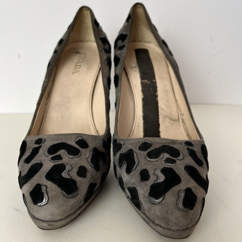 PRADA Size 39 Grey Black Suede Aplique Platform Pumps​ - Picture 6 of 6